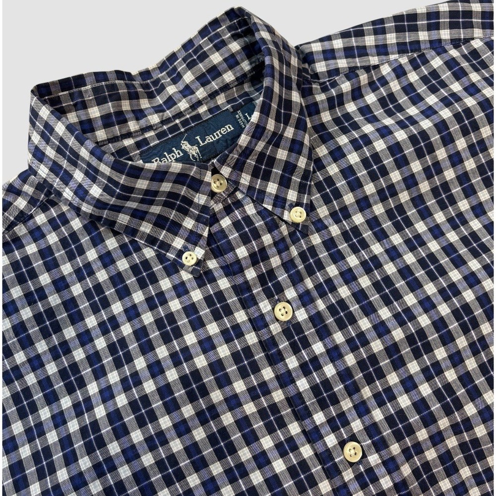 Ralph Lauren Men's Large Blake Blue Check Plaid Short Sleeve Button Up Shirt